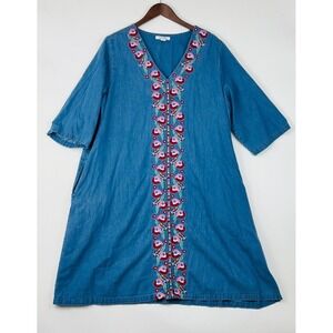 Go Softly Patio Short Sleeve Dress XL Pocket Embroidered Floral Grannycore Long